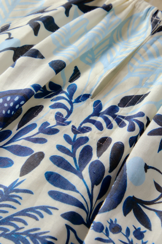 Close-up of fabric with blue and black floral pattern on white background