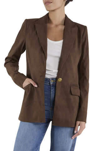 Ramy Brook Marilyn Blazer in Heritage Brown, a brown faux suede single-breasted blazer with notched lapels and flap pockets.