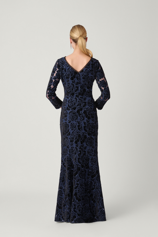 Shoshanna Brianna Dress in Jet and Navy featuring velvet lace, scalloped neckline, three-quarter sleeves, and a floor-length mermaid silhouette.