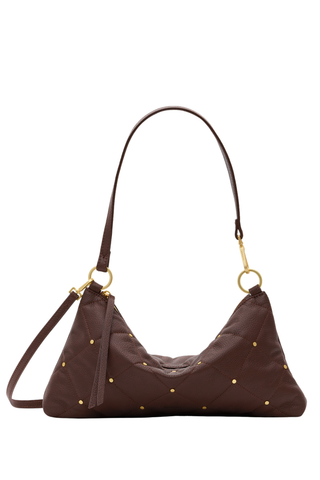 Hammitt Kyle Med Handbag in Quilted Espresso featuring dark brown pebbled leather, quilted stitching, mini rivet details, and brushed gold hardware.