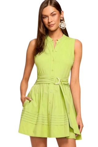 Bright lime sleeveless mini dress with belted waist and pockets by Ramy Brook