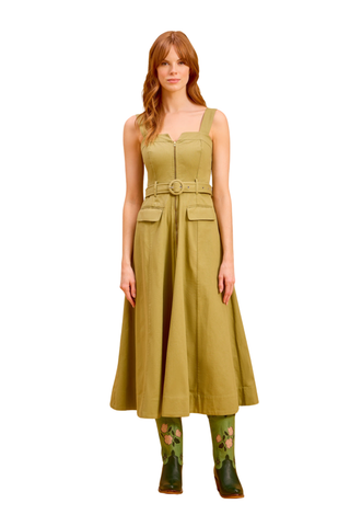 Olivia by Livro Foster Dress in Olive featuring a sleeveless midi silhouette, waist tie, and full skirt.