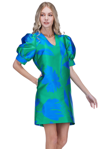 V-Neck Puff Sleeve Dress, Green Floral Brocade – Monkee's of the West End V-Neck Puff Sleeve Dress, Green Floral Brocade – Monkee's of the West End