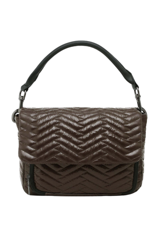 Think Royln Muse Moto Handbag in glossy chocolate brown with quilted detailing and black trim.