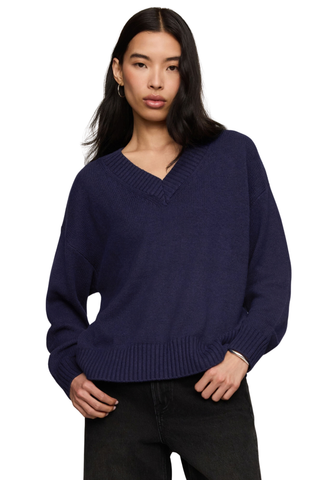Z Supply Cloud Spun V-Neck Sweater in Oxford Blue featuring a relaxed fit, classic V-neckline, and soft lightweight knit.