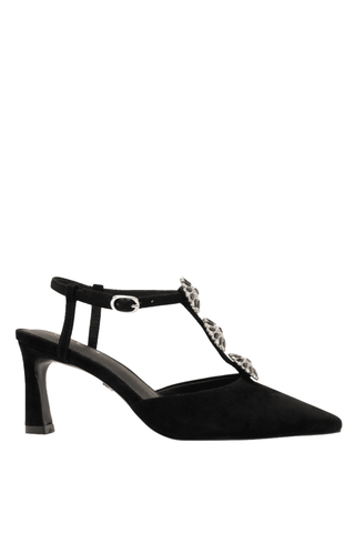 Cecelia New York Niche Heel in Black with velvet pointed toe, jeweled T-strap, adjustable ankle strap, and block heel.