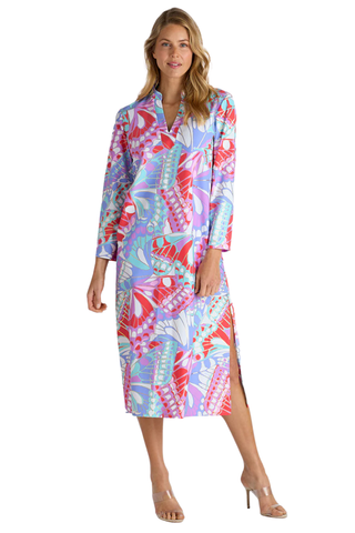 Colorful long sleeve midi caftan dress in butterfly mosaic print with gold foil detail by Jude Connally