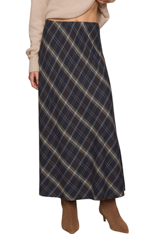 Z Supply Crestview Plaid Skirt in Eclipse featuring a dark neutral plaid pattern, bias-cut midi silhouette, and flowing hem.