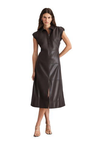 Tanya Taylor Shivi Dress in Dark Fig featuring a dark coated midi silhouette with a collared neckline, cuffed sleeves, and tiered skirt.