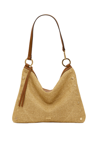 Hammitt Kyle Lrg Handbag in Cocoa Raffia featuring woven raffia, tan pebbled leather trim, gold hardware, and a large slouchy shoulder bag silhouette