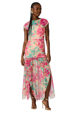 Pink and green tropical floral sheath dress with cap sleeves and ruched bodice by Steve Madden