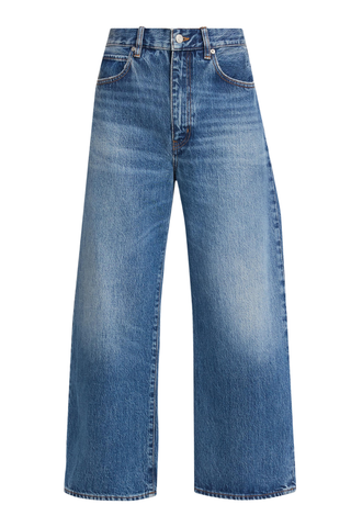FRAME Bow Crop Jean in Soundwave medium-blue denim with a high-rise waist, relaxed fit, and cropped wide-leg silhouette.