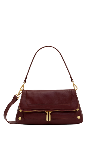 Hammitt Beverly Med Handbag in Cherrywood Pebble featuring deep oxblood leather, brushed gold hardware, and an elongated convertible silhouette.