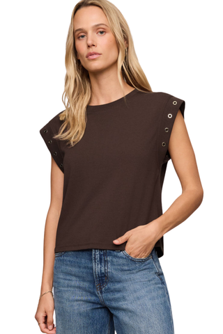 Z Supply Camino Grommet Top in Dark Chocolate featuring gold grommet detailing and a relaxed muscle tee silhouette.
