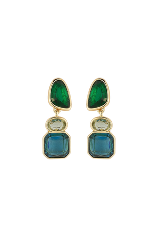 Mignonne Gavigan Pilar Earrings in Blues featuring faceted blue and green glass gemstones in a geometric gold-plated drop silhouette.