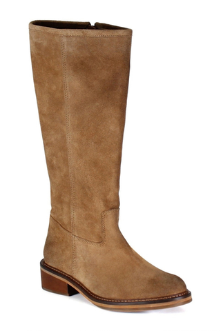 Diba True Keep Em Boot in tan suede featuring a knee-high riding silhouette, round toe, and low stacked block heel.