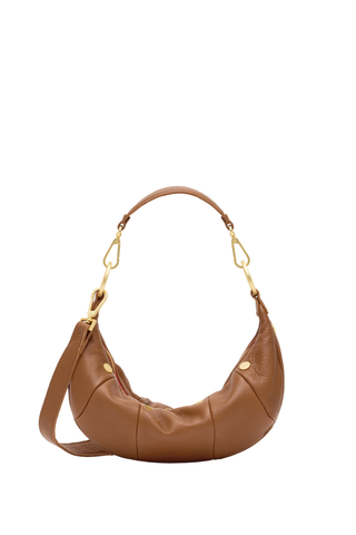 Hammitt Erica Sml Handbag in Mahogany Pebble featuring warm brown pebbled leather, brushed gold hardware, and a curved crescent silhouette.