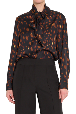 Milly Printed Tie Neck Silk Blouse in Brown Multi featuring a dark brown and orange print, long sleeves, and feminine tie neckline.