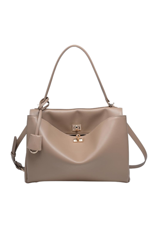 Urban Expressions Keaton Satchel in Taupe featuring smooth vegan leather, gold-tone turn-lock hardware, a structured silhouette, top handle, and detachable shoulder strap.