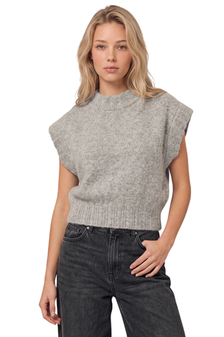 525 America Greer Dolman Sweater in Grey Melange featuring a marled knit, mock neckline, extended shoulders, and cropped silhouette.