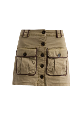 Ramy Brook Kylie Skirt in Safari featuring a khaki mini silhouette, faux-leather trim, belt loops, button front, and oversized patch pockets.