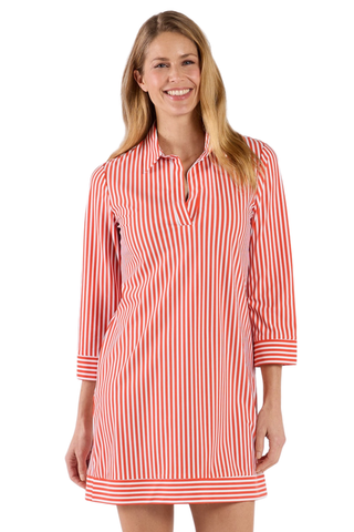 Jude Connally Finley dress in coral and white stripe with collar and three quarter sleeves