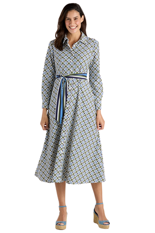 Jude Connally Kitty Dress in Birdseye Geo Combo featuring a navy and white geometric print, point collar, long sleeves, and removable belt.
