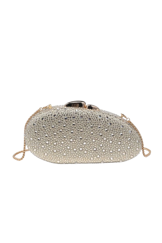 Urban Expressions Rome Evening Bag in Gold featuring a rhinestone-covered oval silhouette, polished kiss-lock clasp, and removable chain strap.