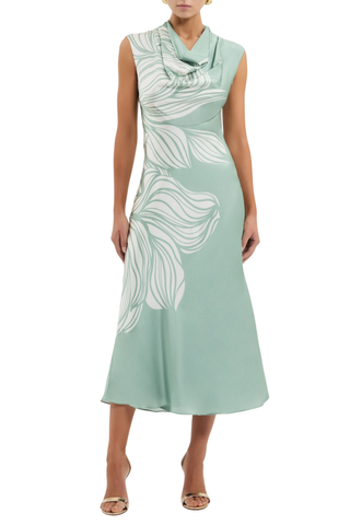Rebecca Vallance Lalisa Midi Dress in sage floral silk with cowl neckline and bias cut midi skirt