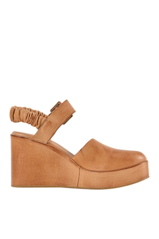Antelope Tess Wedge in Taupe with hand-brushed leather upper, closed toe, slingback strap, and chunky platform wedge heel.