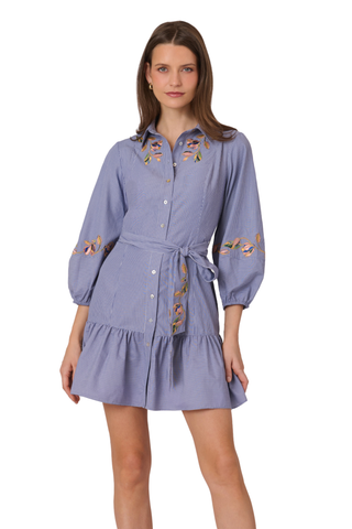 Woman wearing a light blue dress with floral embroidery on a white background