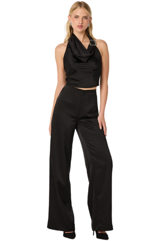ASTR Ivana Pants in Black featuring a high-rise waist, full-length wide-leg silhouette, and fluid tailored fit.