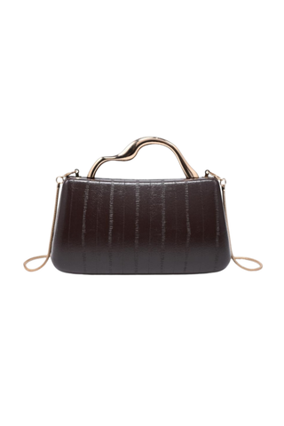 Rue Aveline Nichelle Clutch in Espresso featuring textured vegan leather, a structured frame silhouette, gold-tone top handle, and removable chain strap.