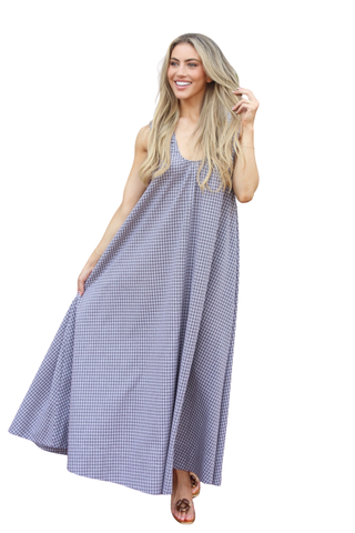 Karlie Check Scoop Maxi Dress in Brown featuring a sleeveless scoop neckline, flowing silhouette, and subtle check pattern.