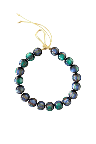 KMS Gems Chunky Beaded Necklace in Monet featuring oversized marbled blue and green beads with an adjustable gold silk cord.
