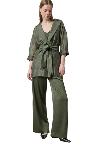 Lilla P Sheer Notch Collar Cardigan in Fir Sheer featuring green organza, dramatic notch lapels, and a tie-front silhouette.