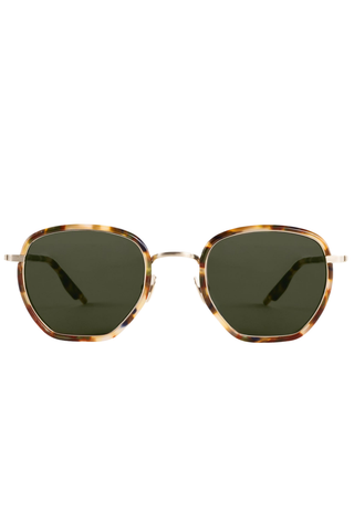 Krewe Peyton Sunglasses in Tuscan Tortoise featuring a tortoise acetate frame, gold-tone hardware, and dark green lenses.