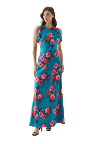 Hutch Rosalee Dress in Emerald/Pink featuring a vibrant emerald green background, bold pink floral print, high neckline, short sleeves, and flowing maxi silhouette.