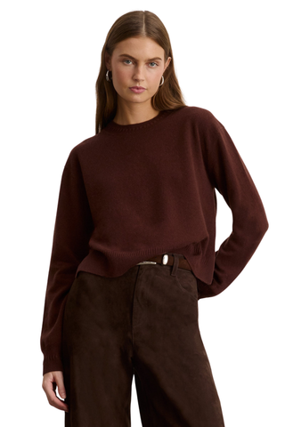 Tanya Taylor Lexia Cashmere Sweater in Deep Redwood featuring a classic crew neckline, long sleeves, and rich dark brown-red color.