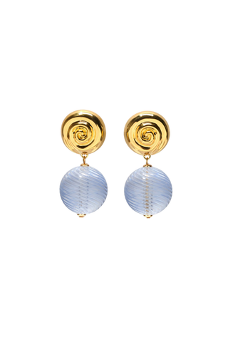 Lizzie Fortunato Luminary Earrings in Purple featuring gold-plated brass spiral studs and hanging lilac resin bead drops.