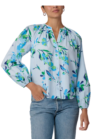 Shoshanna Mira top in french blue multi with floral print and long sleeves