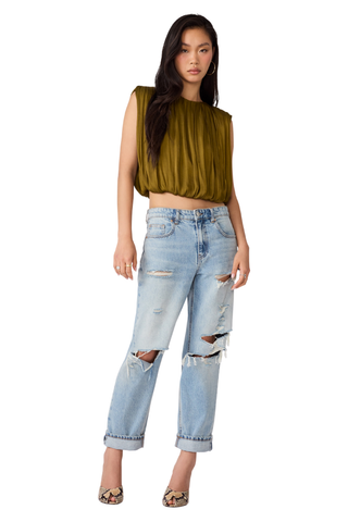 Steve Madden Milana Top in Fir Green, a sleeveless olive green blouse with gathered detailing and a relaxed silhouette.