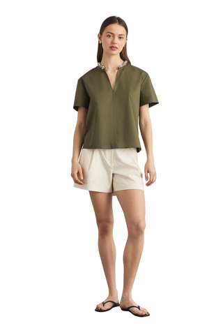 Aubrey Top fern green short sleeve blouse with embellished neckline from Tanya Taylor