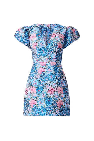 Elliatt Antheris Mini Dress in Blue Multi featuring a vibrant blue and pink floral print, romantic puff sleeves, fitted waist, and flattering mini silhouette.