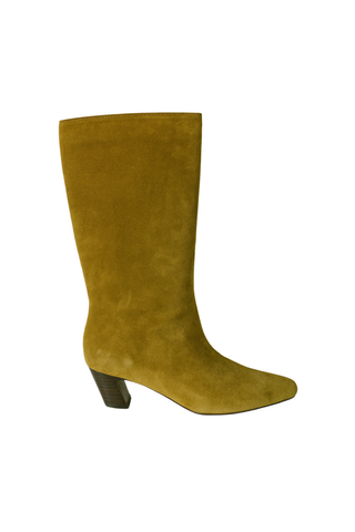 Loeffler Randall Cleo Calf Boot in Moss, a moss green suede mid-calf boot with a softly pointed toe and low heel.