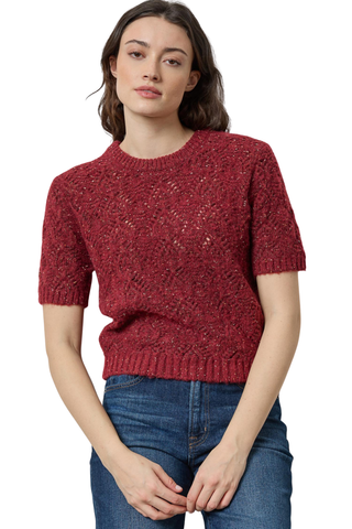 Lilla P Short Sleeve Tinsel Sweater in Port Tinsel featuring a rich red knit with metallic sparkle, crew neckline, and short sleeves.