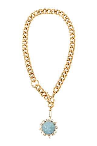 Mignonne Gavigan Odyssey Necklace in Baby Blue featuring a gold chain and removable blue compass charm.