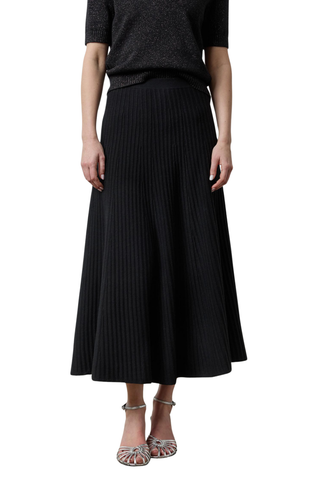 Lilla P Knit Flared Skirt in Black featuring a soft cotton-cashmere knit, comfortable waistband, and elegant flared silhouette.