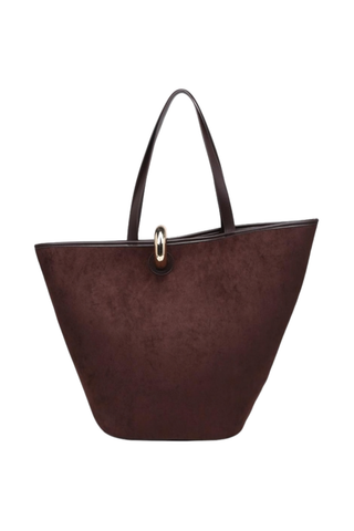 Urban Expressions Raelynn Tote in Chocolate featuring soft brown faux suede, slim shoulder straps, gold-tone hardware, and a structured tote silhouette.