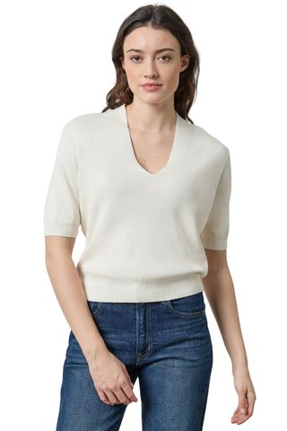Lilla P V-Neck Elbow Sleeve Sweater in Ivory featuring a soft ivory knit, V-neckline, elbow-length sleeves, and relaxed fitted silhouette.
